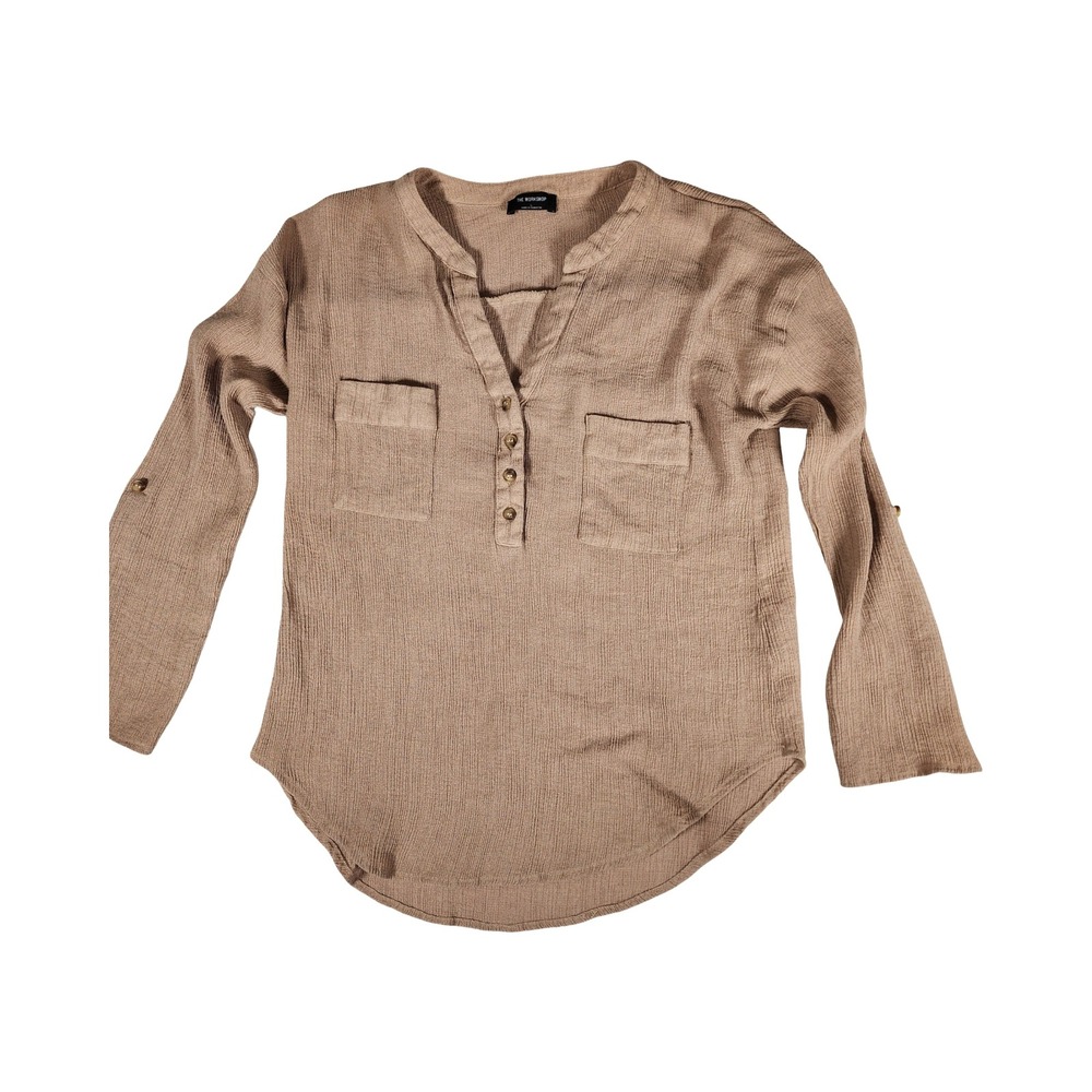 The Workshop Womens Taupe Gauze Roll Tab‎ Sleeve Henley Blouse Top Large